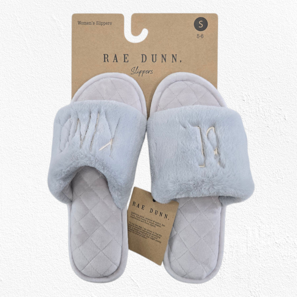 Rae Dunn Be Kind Slippers Gray Faux Fur Quilted Slide House Shoes Size Small 5-6 - Picture 2 of 11